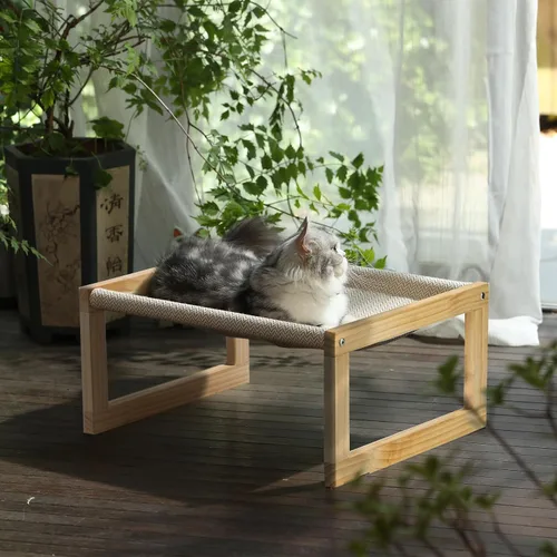 Vista 6 de FUKUMARU - Hamaca grande para gatos, cama elevada para perros en interiores y exteriores, lavable 21" Wooden Pet Beds, Breathable Linen Cat Couch