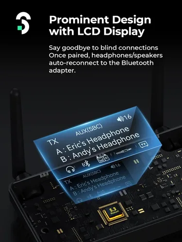 Vista 4 de SOOMFON - Receptor transmisor Bluetooth 5.3 con antena dual para auriculares TV 2 Adaptador óptico 3 en 1 de 0.138 in AUX RCA Bluetooth 5.3