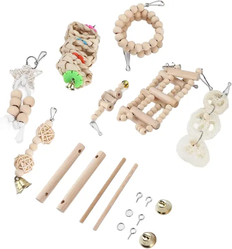 Vista 9 de Bird Cage Toys Set with Wooden Chewing Accessories Includes 8 pieces, Safe natural wood, Multilayer entertainment, Easy to install