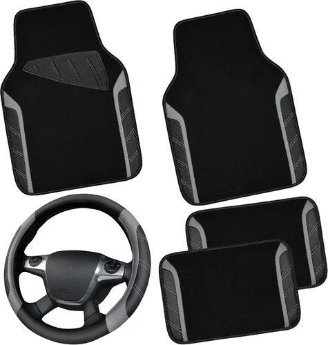 Vista 18 de CAR PASS Funda para volante de cuero y alfombrillas de coche impermeables, combo universal de microfibra para coche, diseño deportivo antideslizante