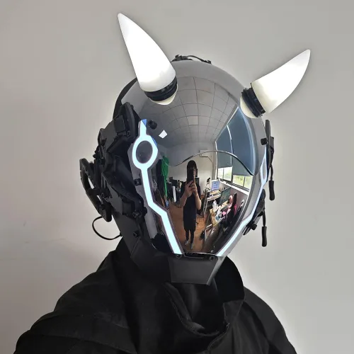 Vista 2 de KYEDAY Máscara punk para hombre, máscara de cuerno de buey LED, tecnología punk futurista, cosplay, Halloween, accesorios para fiestas y festivales