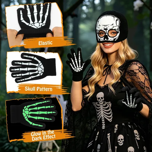 Vista 4 de Glow in the Dark Skeleton Mask and Gloves Set for Halloween