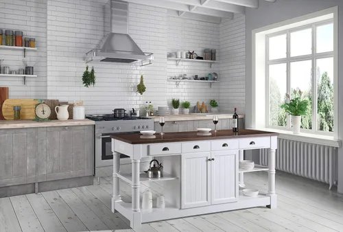 Vista 2 de KD03-80-W-WD Monterey Isla de cocina de granja de 80 pulgadas en color blanco con encimera de chapa de madera de nogal oscuro, no requiere montaje e