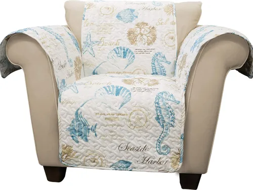 Vista 4 de Lush Decor Harbor Life Protector de muebles, silla con brazo, 71 pulgadas de ancho x 75 pulgadas de largo, azul y gris pardo, funda de silla