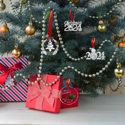 Vista 7 de Adorno de Navidad con fecha 2024, adorno anual plateado para árbol de Navidad con cinta para decoración de árbol de Navidad, colgante decorativo