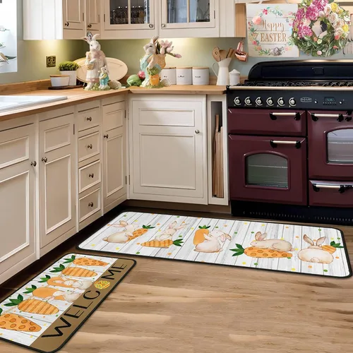 Vista 7 de Juego de 2 alfombras y tapetes de cocina de conejo de zanahoria y conejo, decoración de Pascua antideslizante, decoración de Pascua para el hogar