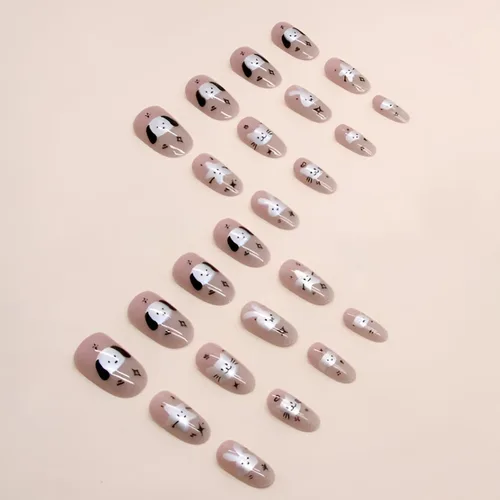 Vista 3 de Uñas postizas a presión de almendra, color rosa degradado medio, con bonito diseño de conejo y gato, uñas postizas de estrella plateada, uñas