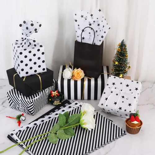 Vista 2 de BEISHIDA 100 hojas de papel de seda blanco y negro a granel, rayas de sarga y puntos, estrellas para bolsas de regalo, papel de regalo de 14 x 20
