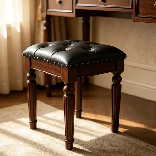 Vista 4 de Taburete de tocador blanco con asiento de cuero copetudo y patas de madera maciza talladas, banco de tocador de fácil montaje, taburete