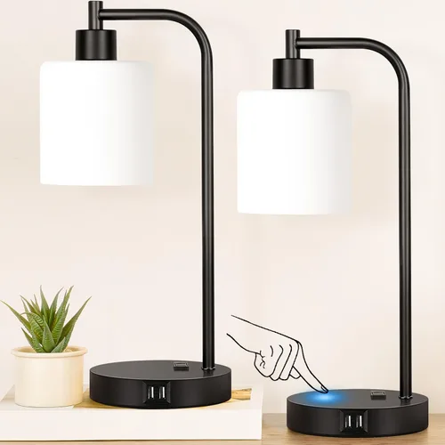 Vista 12 de Juego de 2 lámparas de mesa con control táctil industrial - Lámparas de mesita de noche en níquel cepillado con 2 puertos USB y enchufe de CA