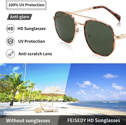 Vista 10 de FEISEDY Gafas de sol Aviador Hombres Mujeres 70s Gafas de sol Cuadrado Marco UV400 Protección B2953