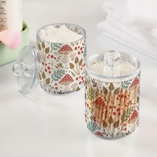 Vista 5 de Paquete de 2 tarros de boticario para baño, hojas de hongos, dispensador de plástico transparente con tapa para bolas de algodón, hisopo de algodón