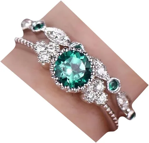 Vista 6 de Fashion - Juego de 2 anillos de plata de ley 925 con esmeralda natural, corte redondo, circonita cúbica, anillo de compromiso clásico de eternidad