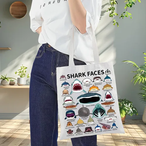 Vista 5 de BWWKTOP Bolsa de lona con cara de tiburón, regalo para amantes de los tiburones, bolsas reutilizables para comestibles