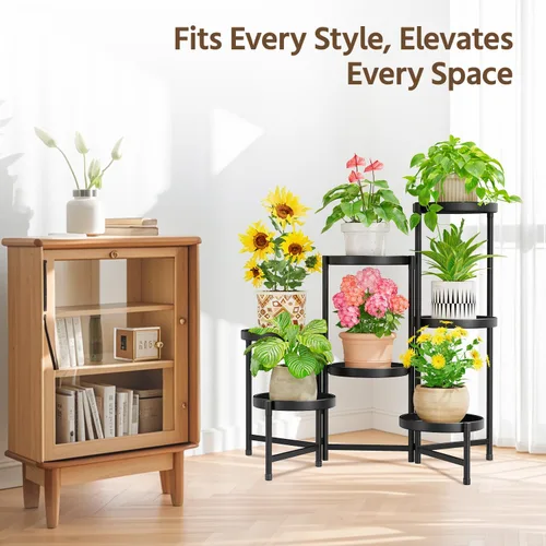 Vista 2 de LASZOLA Soporte plegable para plantas de interior de 7 niveles para múltiples macetas grandes, estante ajustable alto y resistente con bandeja de 10