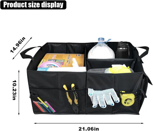 Vista 2 de GLSOWEE Organizador de maletero para automóvil, organizador de almacenamiento plegable para automóvil con 3 compartimentos, organizador plegable