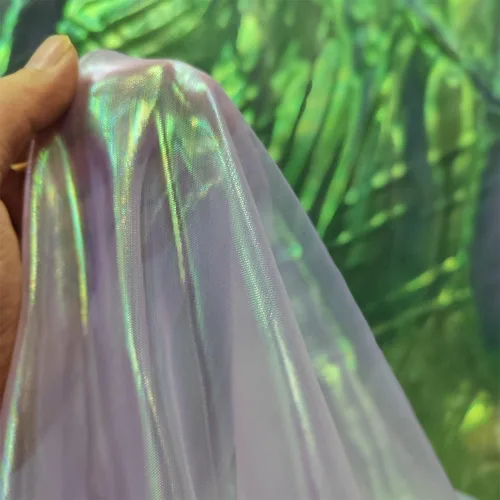 Vista 27 de Tela de encaje de organza con gradiente láser arcoíris mágico, tela de gasa holográfica iridescente para vestido de novia, cortina, fondo, fiesta