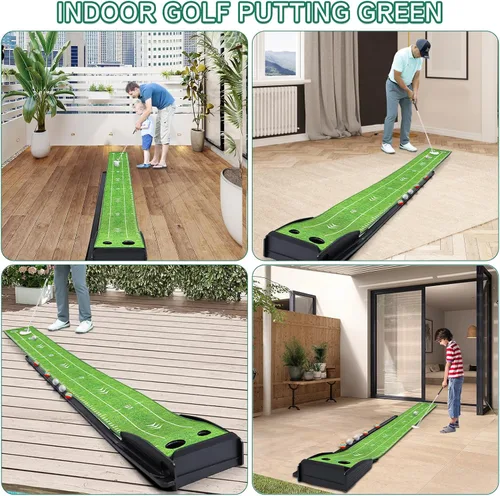 Vista 7 de Losbenco Putting Green - Juego de golf para interiores con putter y 6 bolas, tapete de práctica de golf portátil con sistema de retorno automático