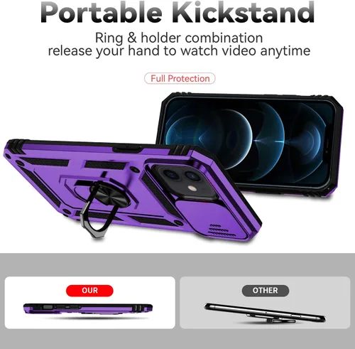 Vista 8 de Funda para iPhone 12/12 Pro, iPhone 12/12 Pro con funda para cámara y soporte, de grado militar, a prueba de golpes, resistente, con soporte