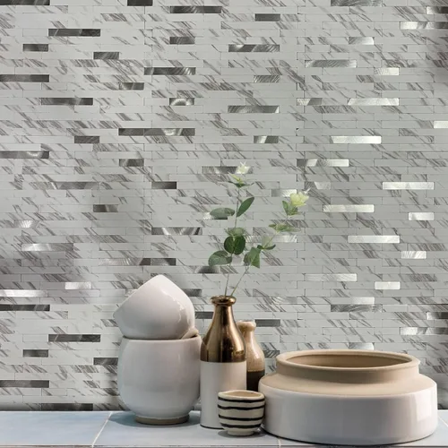 Vista 3 de XUANINY Azulejos de 10 hojas de azulejos en muro para salpicaduras, calcomanías de cocina de mármol blanco de PVC sintético, paneles de pared
