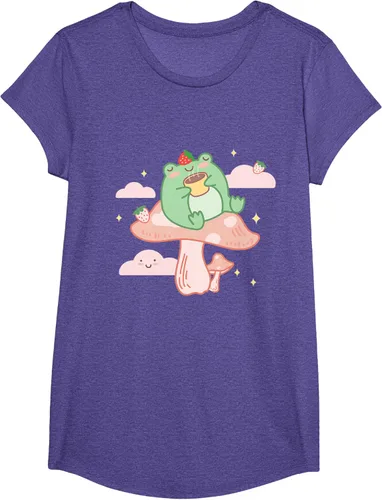 Vista 20 de Kawaii Strawberry Frog On Mushroom - Camiseta de manga corta de anime, Azul / Patchwork, S Azul Pastel