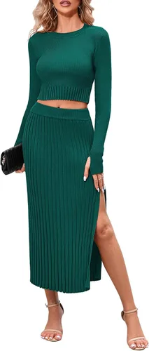 Vista 5 de Pink Queen Women's 2 Piece Sweater Outfits Set Crop Top Long Sleeve Split Bodycon Pleated Midi Long Skirt Knit Dress