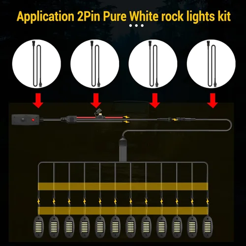 Vista 4 de Hovano 4 piezas de 60 pulgadas/150 cm, kit de luces LED de roca blanca pura de 2 pines, cable de extensión de alambre, 6/8/12/16/20 pods, kit