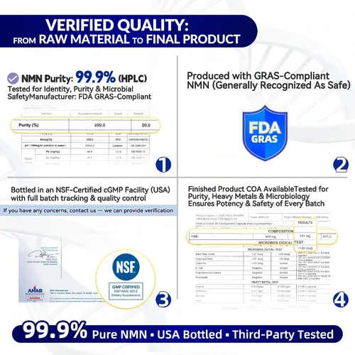 Vista 3 de NMN 500 mg por cápsula – Alta pureza 99.9% NMN, apoyo NAD+ para energía celular y envejecimiento saludable, 60 cápsulas, probado por terceros, cGMP