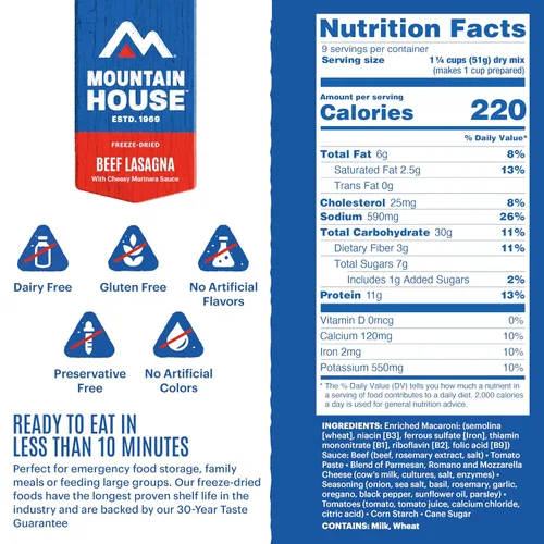 Vista 2 de Mountain House Lasaña de res y alimentos liofilizados para acampar, 9 porciones, vida útil de 30 años