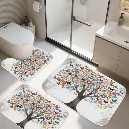 Vista 13 de TheBlackSpot Juego de 3 alfombras de baño rústicas de primavera de granja, diseño botánico de pájaros, tapete de baño de espuma viscoelástica