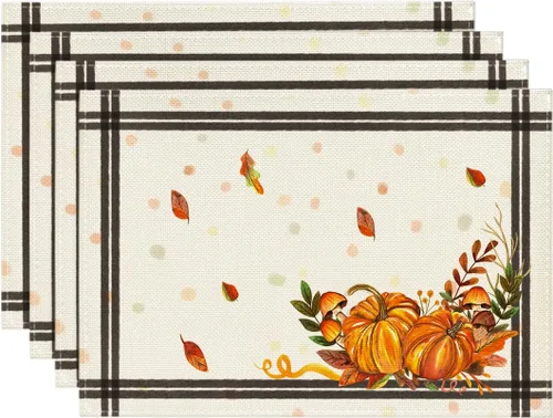 Vista 7 de Artoid Mode Juego de 2 manteles individuales de otoño y hojas de calabaza, 12 x 18 pulgadas, para decoración de fiestas, cocina, comedor