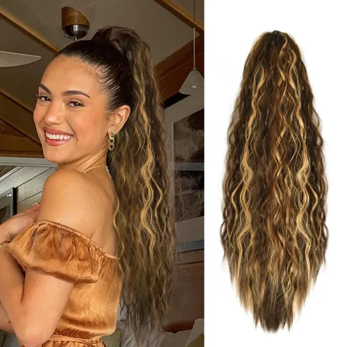 Vista 8 de YEAME Extensión de cola de caballo ondulada con clip de garra, cola de caballo de 22 pulgadas, pelo sintético castaño mezclado con rubio, cola