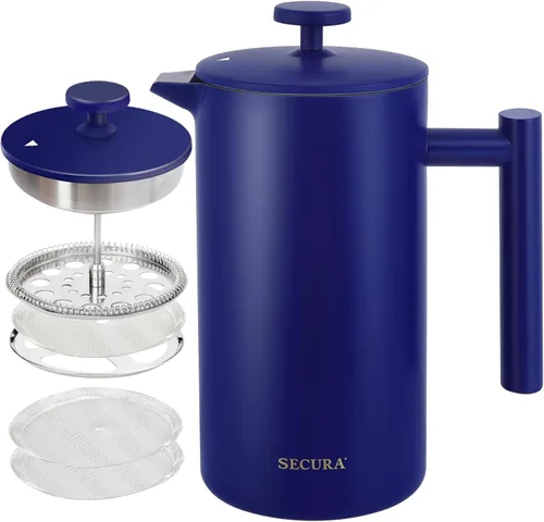 Vista 10 de Secura Cafetera de prensa francesa con filtro de acero inoxidable de 3 capas, 34 onzas, negro, diseño aislado de doble pared con 2 filtros