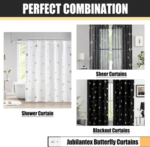 Vista 7 de Jubilantex Paneles de cortinas transparentes de mariposas negras y doradas de 52 pulgadas de ancho para dormitorio de niñas, elegantes cortinas