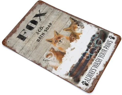 Vista 3 de Placa colgante de hierro vintage con diseño de zorro, letrero de hojalata vintage con texto en inglés "Wash Your Paws", letrero de metal para bar