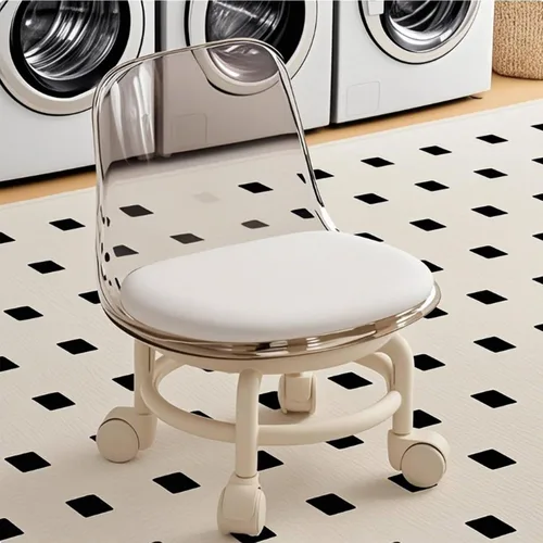 Vista 4 de Silla de polea de acrílico, taburete bajo con polea de respaldo, taburete ergonómico bajo para limpieza del hogar, taburetes de oficina, lavandería