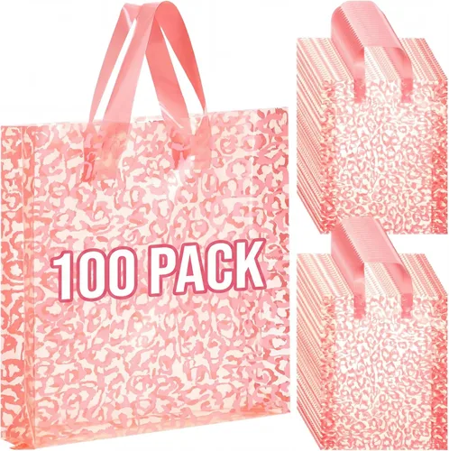 Vista 8 de Woanger 100 bolsas de compras de leopardo de plástico con estampado de guepardo, bolsa de regalo de leopardo para pequeñas empresas, fiesta de Marrón