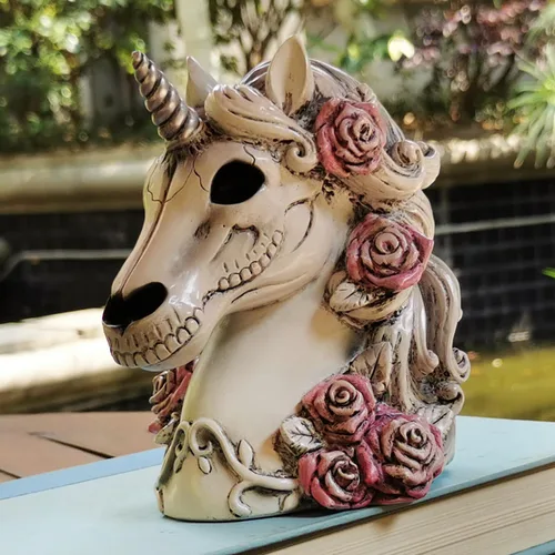 Vista 5 de Alcancía gótica de calavera de unicornio, calavera de azúcar, regalo para mujeres y adultos, Halloween, día de esqueleto gótico, decoración del hogar