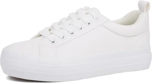 Vista 15 de JABASIC Zapatillas de plataforma con cordones para mujer, zapatillas casuales cómodas de moda para caminar Todo blanco