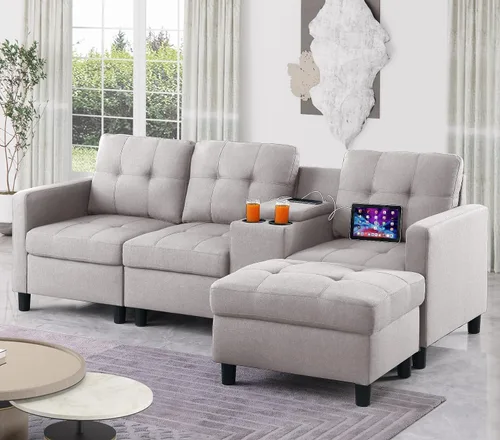 Vista 17 de Sofá modular de 55 pulgadas con otomana móvil, sofá de 2 asientos para espacios pequeños, sofá de nube en forma de L, sofá modular pequeño para sala