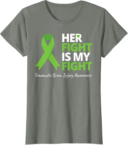 Vista 10 de Camiseta con cinta verde de la conciencia de la TBI, con texto en inglés "Her Fight Is My Fight" Jaspeado Oscuro