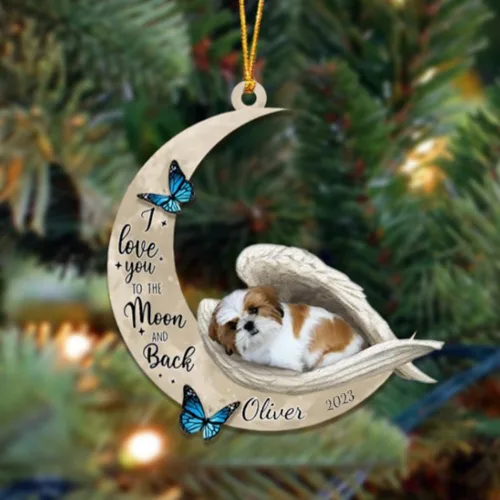 Vista 121 de Adorno colgante personalizado de ángel durmiendo en la luna, perro sabueso afgano, nombre personalizado, acrílico impreso en 2D plano – cumpleaños