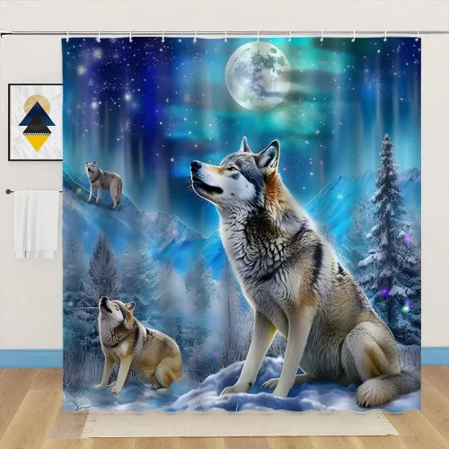 Vista 5 de Cortina de ducha con diseño de lobo, nieve, invierno, bosque, montaña, luna llena, vida silvestre, animales, decoración de baño, cortinas de tela