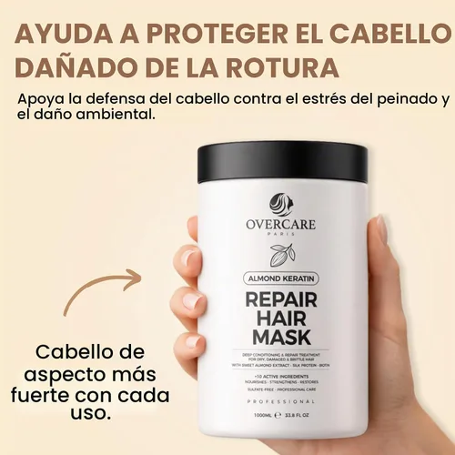 Vista 7 de OVERCARE Mascarilla capilar de queratina de almendras para cabello seco dañado, tratamiento reparador de acondicionamiento profundo para cabello