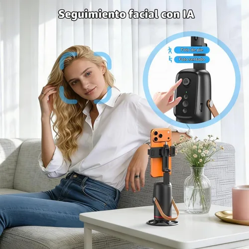 Vista 5 de Trípode de teléfono de seguimiento automático con gestos y control remoto, soporte giratorio de 360° para cámara de teléfono para vlogging manos
