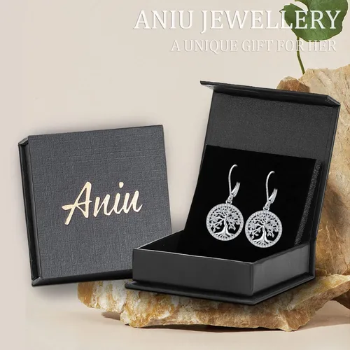 Vista 7 de Aniu Aretes colgantes de árbol de la vida, flor, turquesa, ópalo azul, malaquita, ágata musgo, lágrima, para mujer, plata de ley, aniversario