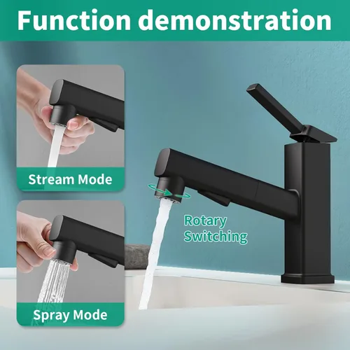 Vista 2 de Grifo de baño de un solo agujero, grifo de lavabo de baño moderno extraíble con 3 modos de flujo de agua, grifos de baño con rociador