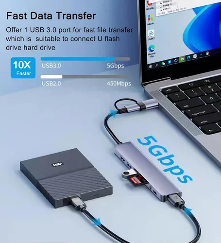 Vista 7 de Hub USB C Hub USB 3.0 con lector de tarjetas SD/TF, conector auxiliar de auriculares de 0.138 in, divisor USB 8 en 1 para MacBook Pro Air, XPS