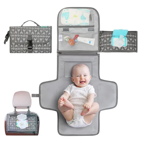 Vista 17 de Kopi Baby Cambiador de pañales portátil, bolsa de viaje para cambiador de pañales para bebé con bolsillo para toallitas, cambiador portátil