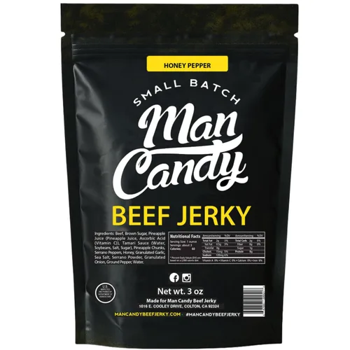 Vista 9 de Man Candy - Bocadillo de carne seca con sabor a barbacoa, sabor ahumado y dulce, alta proteína, 3 onzas